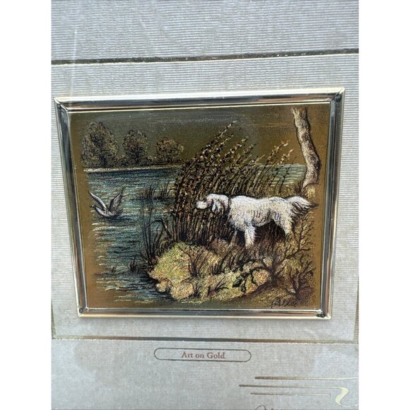 Vintage 18k Gold Art Mini Dog Duck Hunting Scene Silk Screen Switzerland Framed - Picture 1 of 11